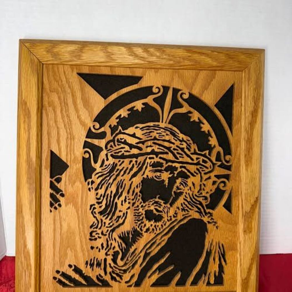 Handcrafted Wooden Scroll Saw Art - Jesus with Crown of Thorns 13”x14”
